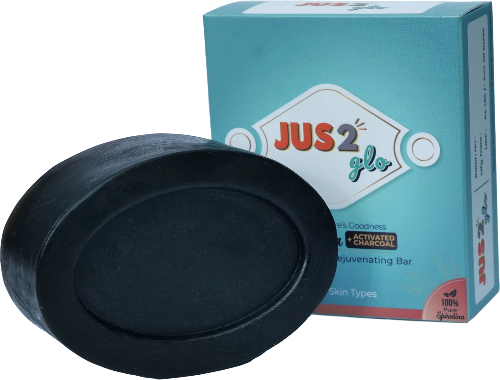 JUS2Glo Detoxifying & Rejuvenating Bar with Charcoal+Spirulina, bar and box