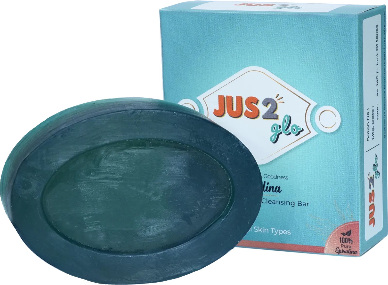 JUS2Glo Moisturising and Cleansing Soap with Spirulina, bar and box